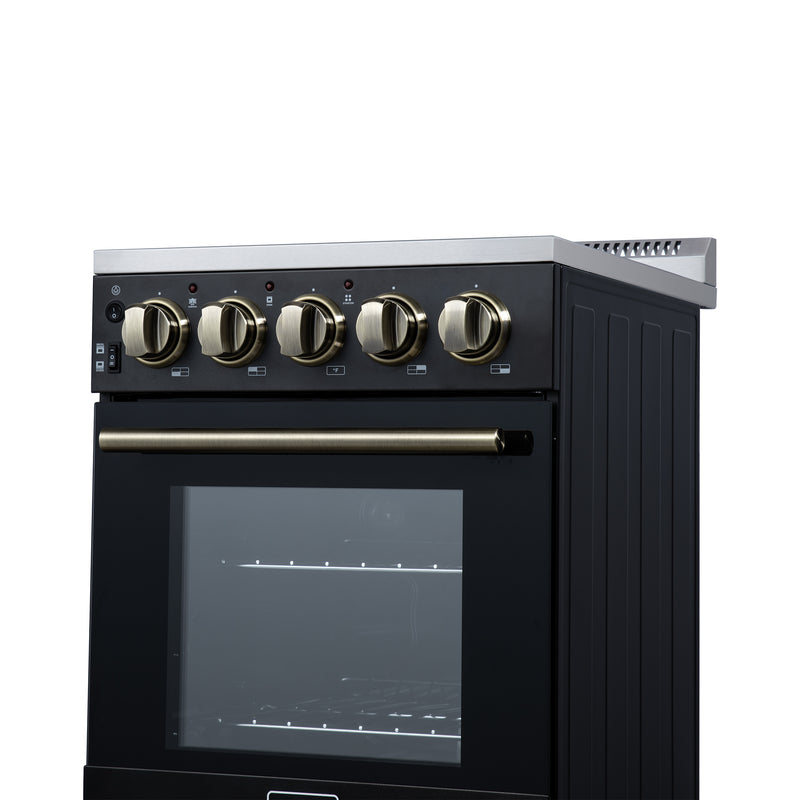 Forno Pallerano 20" Freestanding Electric Range in Black, 4 Burners, Storage Drawer, with Antique Brass Handles, FFSEL6052-20BLK