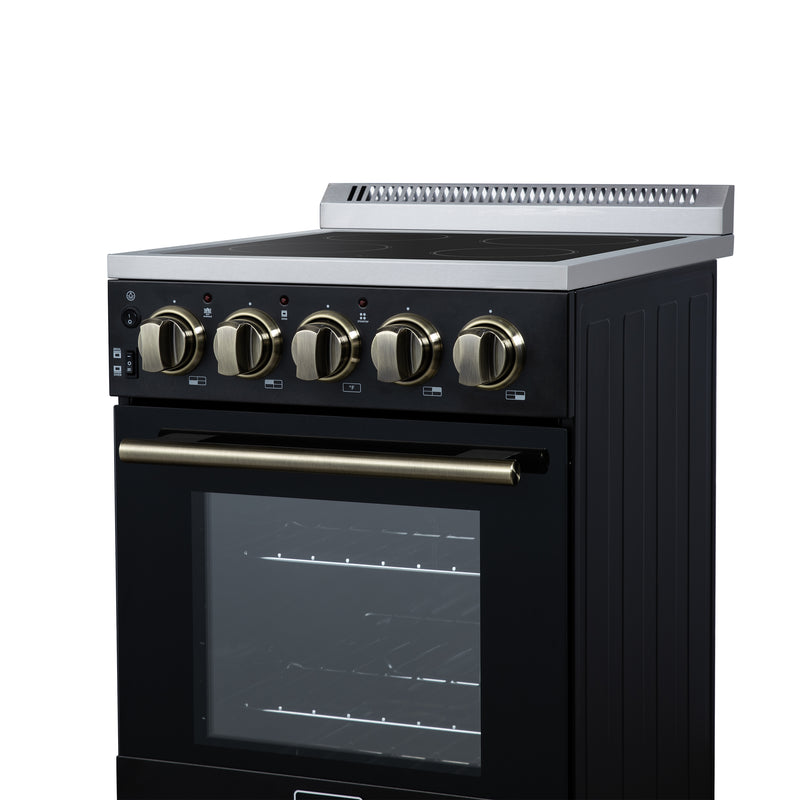 Forno Pallerano 20" Freestanding Electric Range in Black, 4 Burners, Storage Drawer, with Antique Brass Handles, FFSEL6052-20BLK