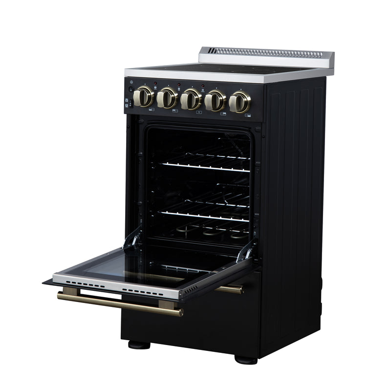 Forno Pallerano 20" Freestanding Electric Range in Black, 4 Burners, Storage Drawer, with Antique Brass Handles, FFSEL6052-20BLK