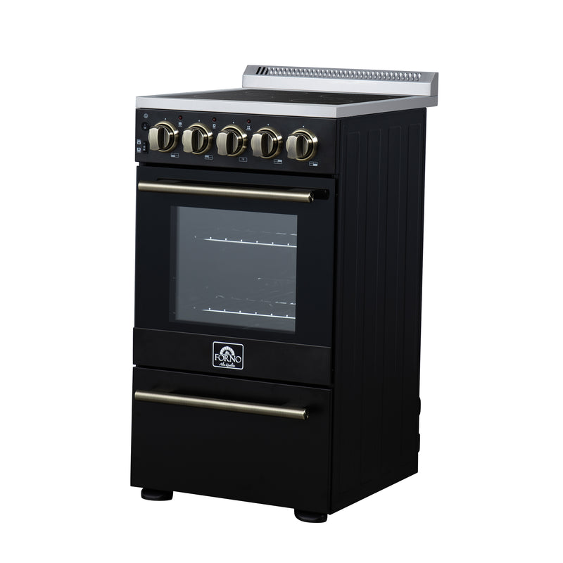 Forno Pallerano 20" Freestanding Electric Range in Black, 4 Burners, Storage Drawer, with Antique Brass Handles, FFSEL6052-20BLK