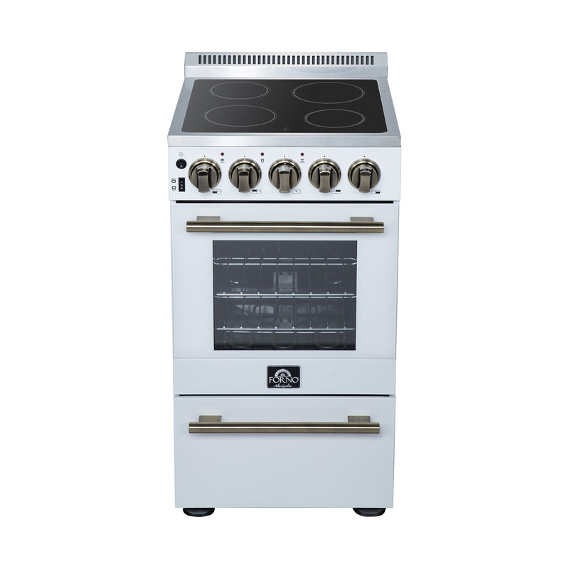 Forno Pallerano 20" Freestanding Electric Range in White, 4 Burners, Storage Drawer, with Antique Brass Handles, FFSEL6052-20WHT