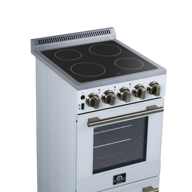 Forno Pallerano 20" Freestanding Electric Range in White, 4 Burners, Storage Drawer, with Antique Brass Handles, FFSEL6052-20WHT