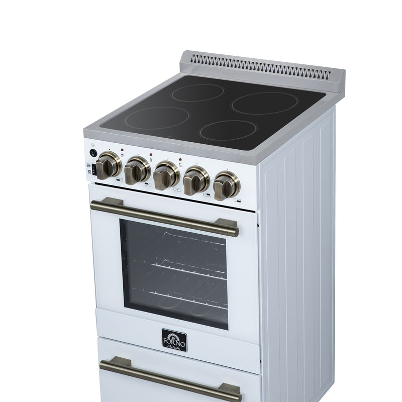 Forno Pallerano 20" Freestanding Electric Range in White, 4 Burners, Storage Drawer, with Antique Brass Handles, FFSEL6052-20WHT