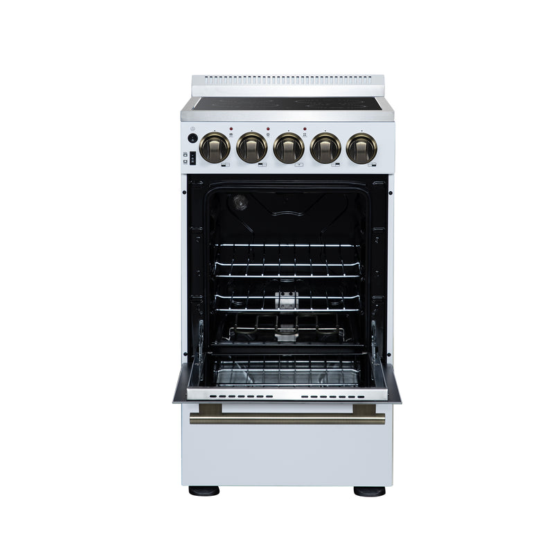 Forno Pallerano 20" Freestanding Electric Range in White, 4 Burners, Storage Drawer, with Antique Brass Handles, FFSEL6052-20WHT