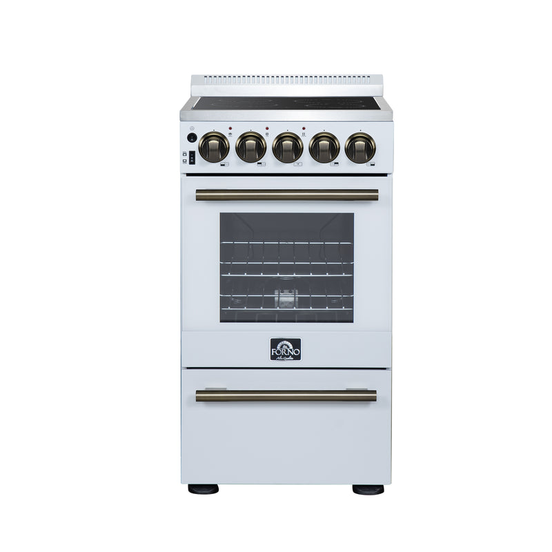 Forno Pallerano 20" Freestanding Electric Range in White, 4 Burners, Storage Drawer, with Antique Brass Handles, FFSEL6052-20WHT