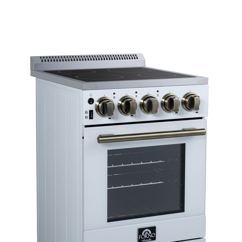 Forno Pallerano 20" Freestanding Electric Range in White, 4 Burners, Storage Drawer, with Antique Brass Handles, FFSEL6052-20WHT