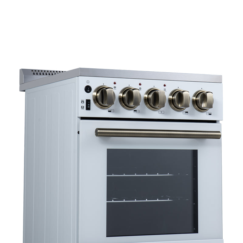 Forno Pallerano 20" Freestanding Electric Range in White, 4 Burners, Storage Drawer, with Antique Brass Handles, FFSEL6052-20WHT