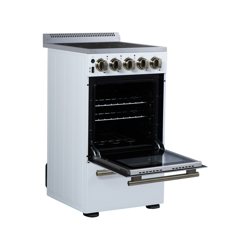 Forno Pallerano 20" Freestanding Electric Range in White, 4 Burners, Storage Drawer, with Antique Brass Handles, FFSEL6052-20WHT