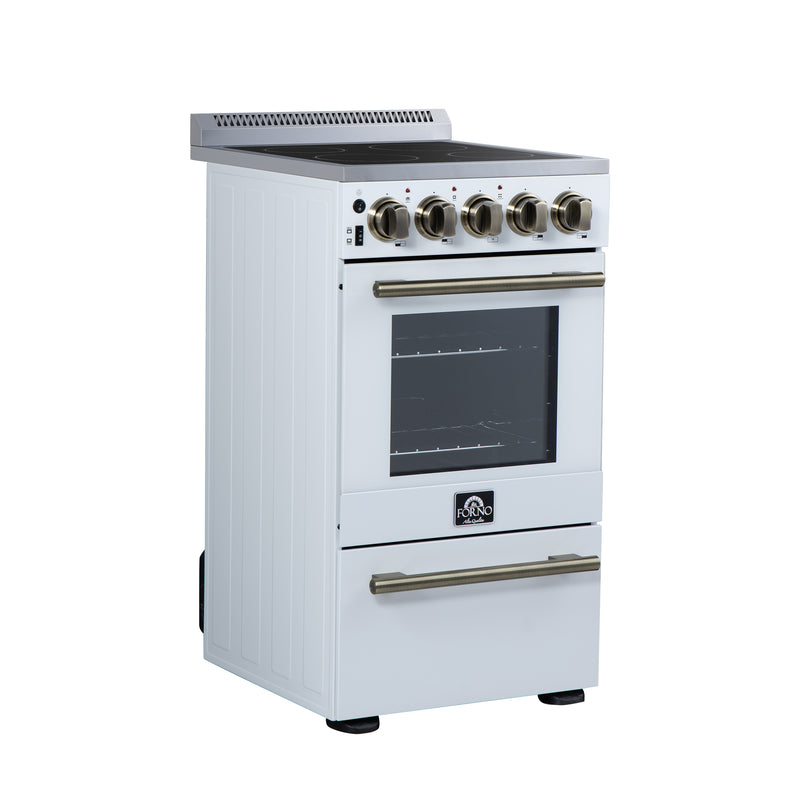 Forno Pallerano 20" Freestanding Electric Range in White, 4 Burners, Storage Drawer, with Antique Brass Handles, FFSEL6052-20WHT