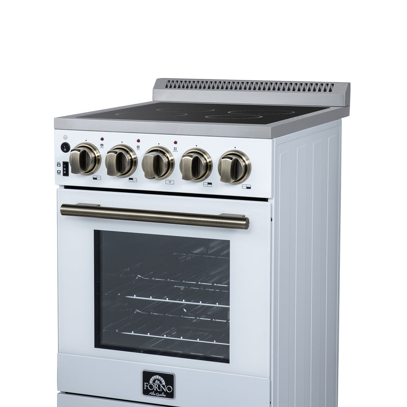 Forno Pallerano 20" Freestanding Electric Range in White, 4 Burners, Storage Drawer, with Antique Brass Handles, FFSEL6052-20WHT