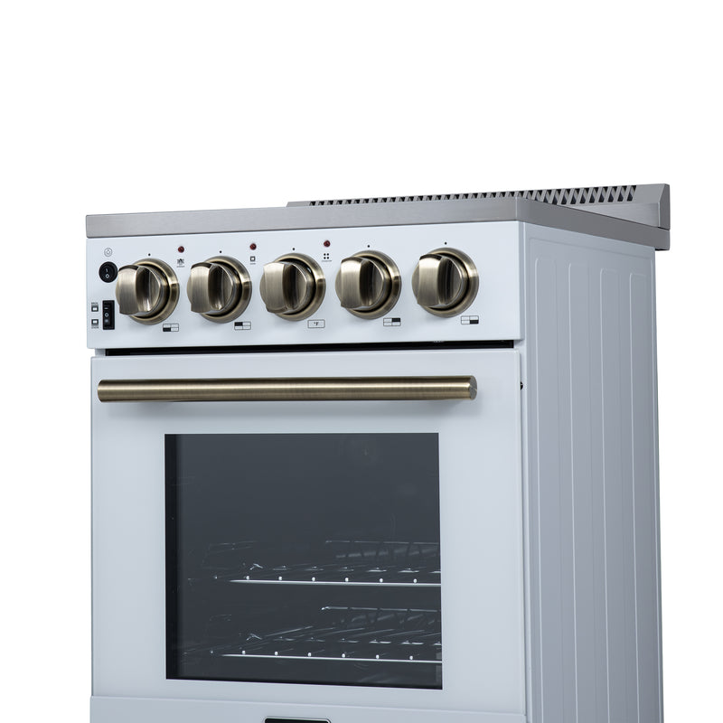 Forno Pallerano 20" Freestanding Electric Range in White, 4 Burners, Storage Drawer, with Antique Brass Handles, FFSEL6052-20WHT