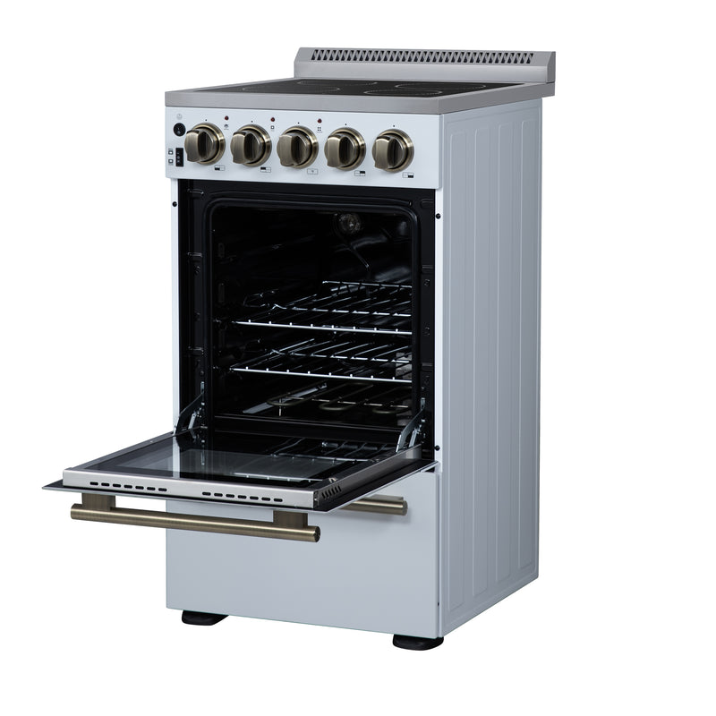 Forno Pallerano 20" Freestanding Electric Range in White, 4 Burners, Storage Drawer, with Antique Brass Handles, FFSEL6052-20WHT