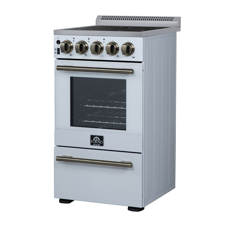 Forno Pallerano 20" Freestanding Electric Range in White, 4 Burners, Storage Drawer, with Antique Brass Handles, FFSEL6052-20WHT