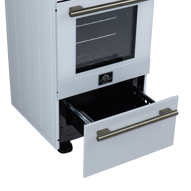Forno Pallerano 20" Freestanding Electric Range in White, 4 Burners, Storage Drawer, with Antique Brass Handles, FFSEL6052-20WHT