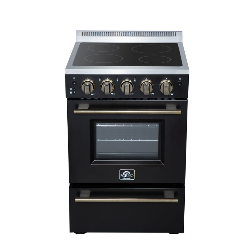 Forno Loiano 24" Freestanding Electric Range in Black, Air Fry, 4 Burners, with Antique Brass Handles, FFSEL6069-24BLK