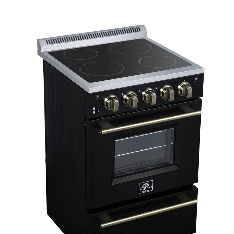 Forno Loiano 24" Freestanding Electric Range in Black, Air Fry, 4 Burners, with Antique Brass Handles, FFSEL6069-24BLK
