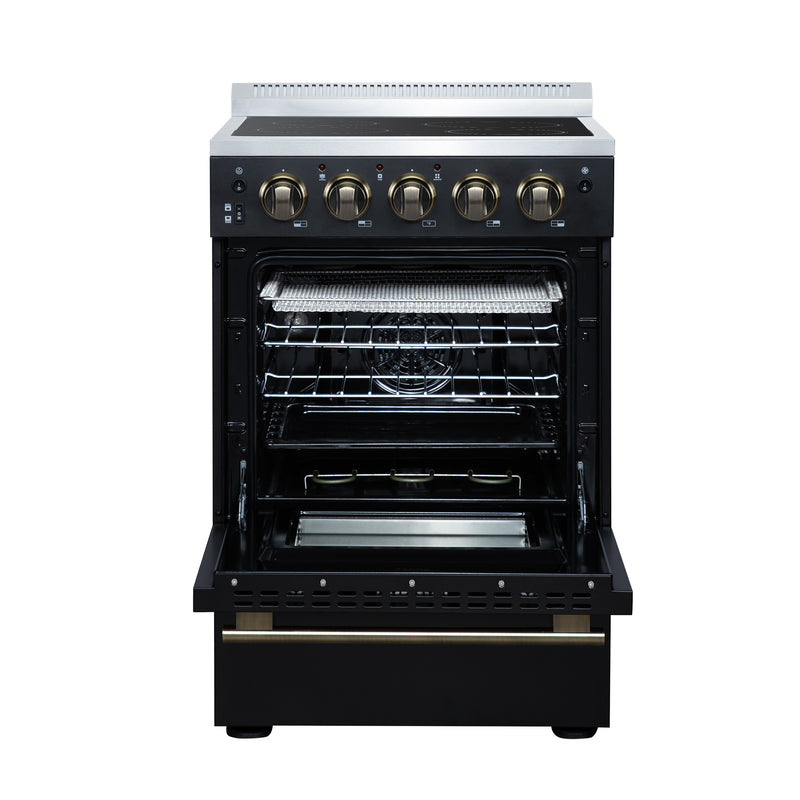 Forno Loiano 24" Freestanding Electric Range in Black, Air Fry, 4 Burners, with Antique Brass Handles, FFSEL6069-24BLK