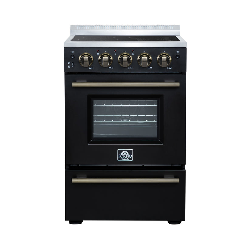 Forno Loiano 24" Freestanding Electric Range in Black, Air Fry, 4 Burners, with Antique Brass Handles, FFSEL6069-24BLK