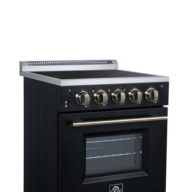 Forno Loiano 24" Freestanding Electric Range in Black, Air Fry, 4 Burners, with Antique Brass Handles, FFSEL6069-24BLK