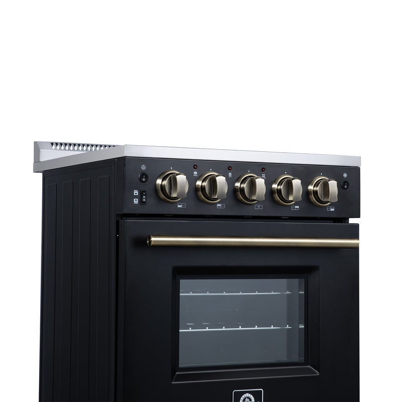 Forno Loiano 24" Freestanding Electric Range in Black, Air Fry, 4 Burners, with Antique Brass Handles, FFSEL6069-24BLK
