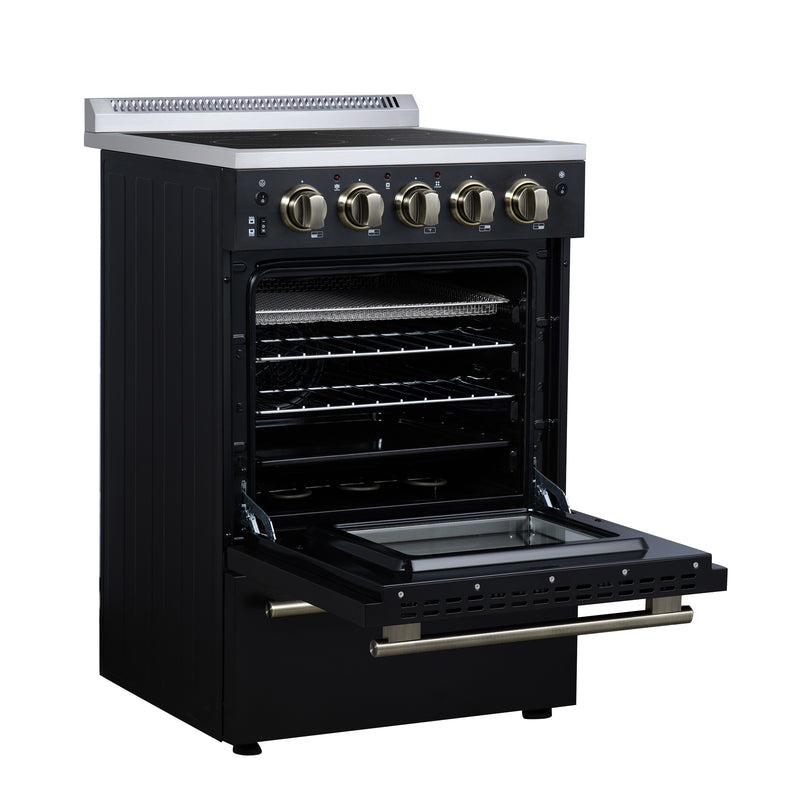 Forno Loiano 24" Freestanding Electric Range in Black, Air Fry, 4 Burners, with Antique Brass Handles, FFSEL6069-24BLK