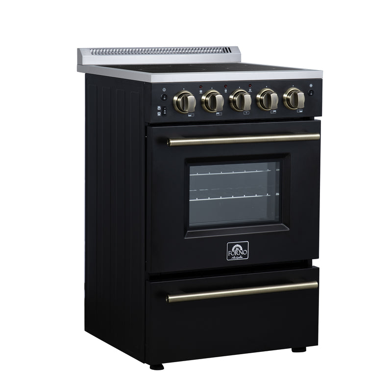 Forno Loiano 24" Freestanding Electric Range in Black, Air Fry, 4 Burners, with Antique Brass Handles, FFSEL6069-24BLK