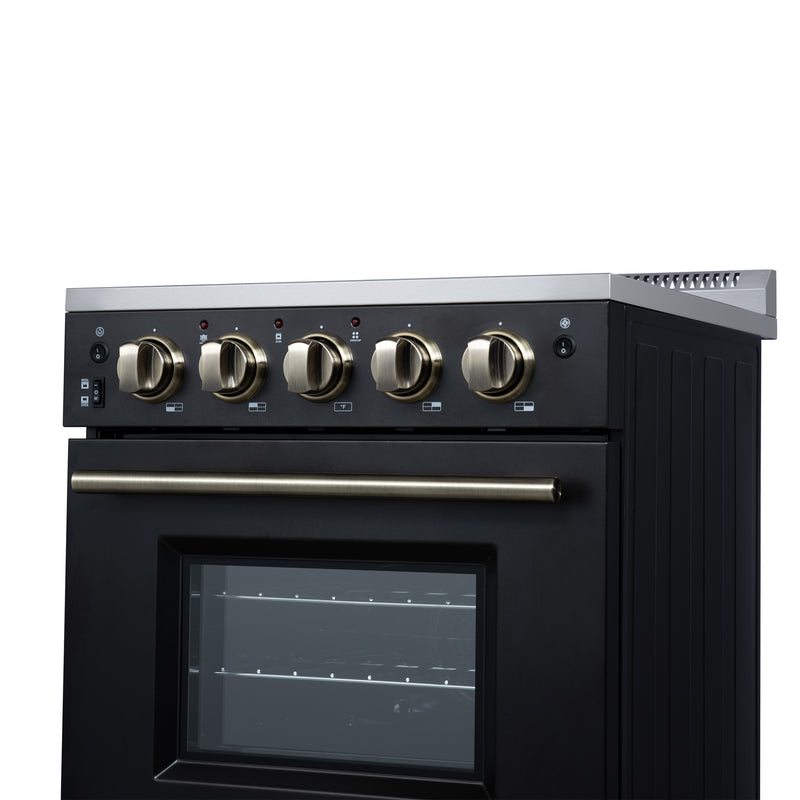 Forno Loiano 24" Freestanding Electric Range in Black, Air Fry, 4 Burners, with Antique Brass Handles, FFSEL6069-24BLK