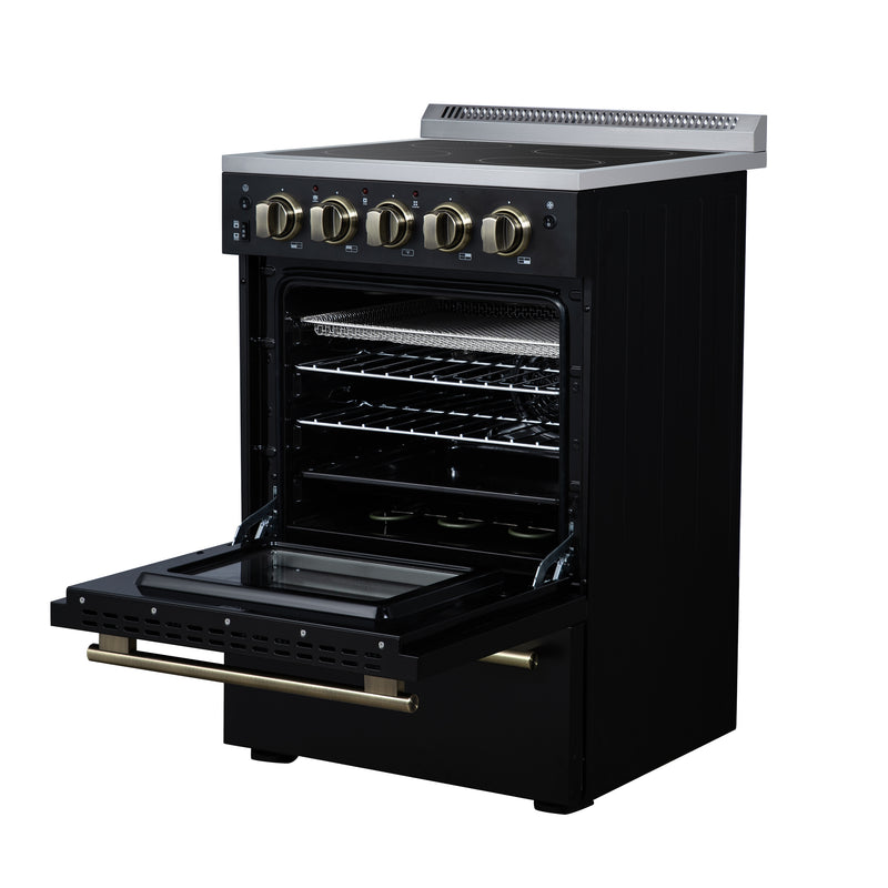 Forno Loiano 24" Freestanding Electric Range in Black, Air Fry, 4 Burners, with Antique Brass Handles, FFSEL6069-24BLK