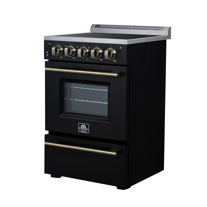 Forno Loiano 24" Freestanding Electric Range in Black, Air Fry, 4 Burners, with Antique Brass Handles, FFSEL6069-24BLK