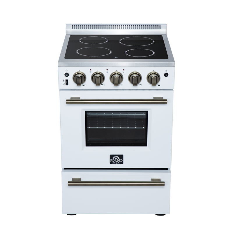 Forno Loiano 24" Freestanding Electric Range in White, with 4 Element Burners, Storage Drawer and Air Fryer Kit, with Antique Brass Handles, FFSEL6069-24WHT
