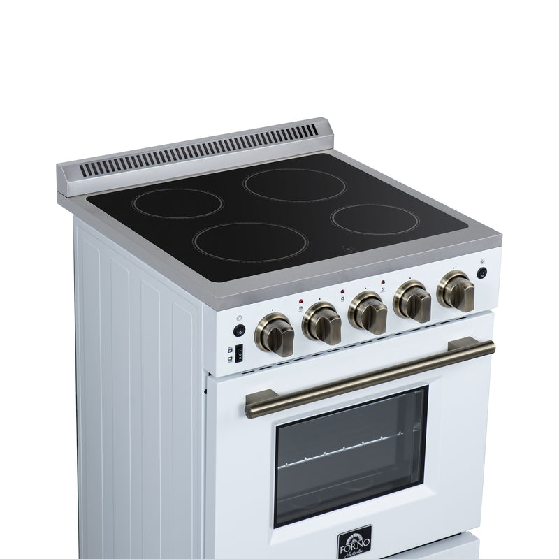 Forno Loiano 24" Freestanding Electric Range in White, with 4 Element Burners, Storage Drawer and Air Fryer Kit, with Antique Brass Handles, FFSEL6069-24WHT