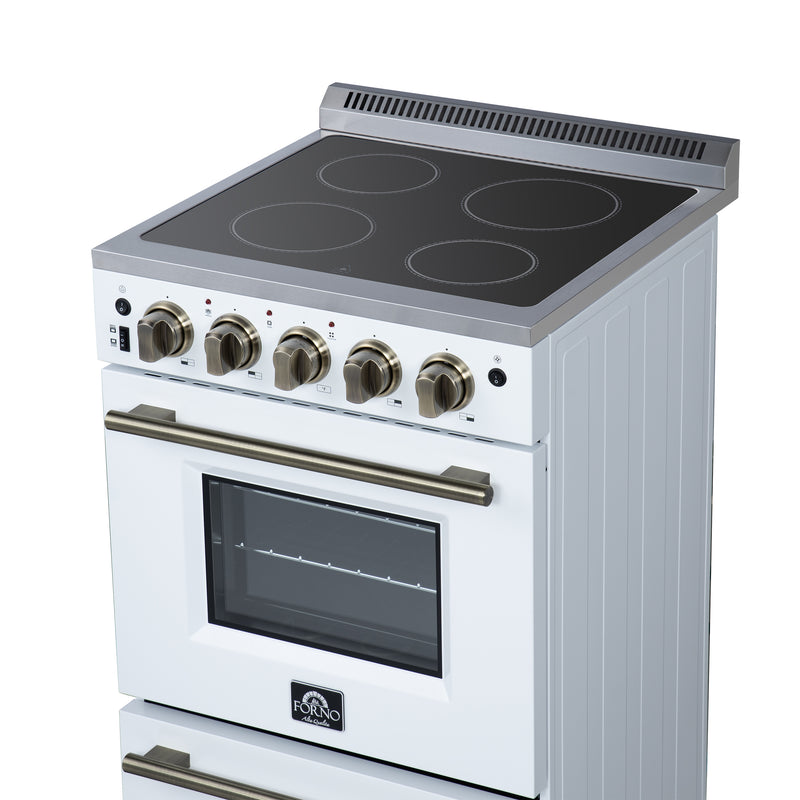 Forno Loiano 24" Freestanding Electric Range in White, with 4 Element Burners, Storage Drawer and Air Fryer Kit, with Antique Brass Handles, FFSEL6069-24WHT