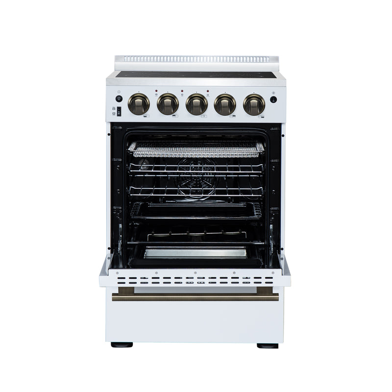 Forno Loiano 24" Freestanding Electric Range in White, with 4 Element Burners, Storage Drawer and Air Fryer Kit, with Antique Brass Handles, FFSEL6069-24WHT