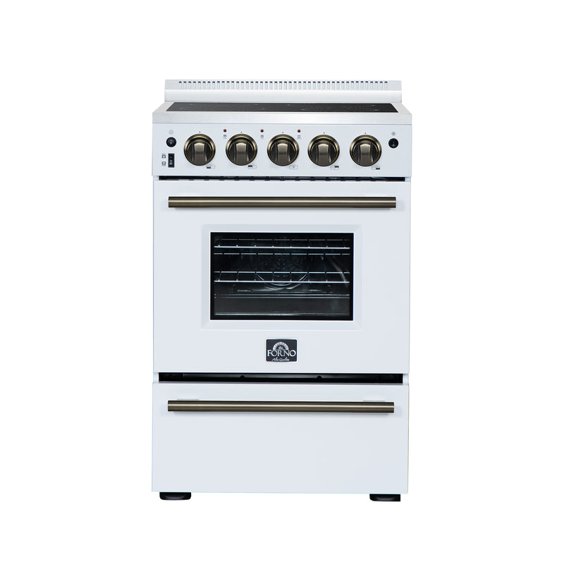 Forno Loiano 24" Freestanding Electric Range in White, with 4 Element Burners, Storage Drawer and Air Fryer Kit, with Antique Brass Handles, FFSEL6069-24WHT