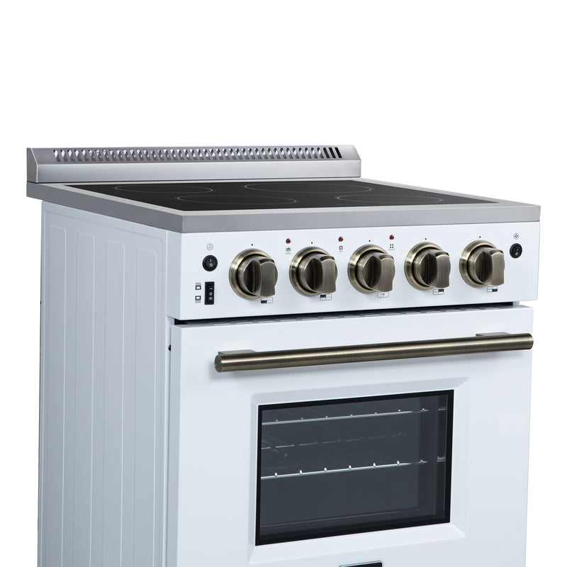 Forno Loiano 24" Freestanding Electric Range in White, with 4 Element Burners, Storage Drawer and Air Fryer Kit, with Antique Brass Handles, FFSEL6069-24WHT