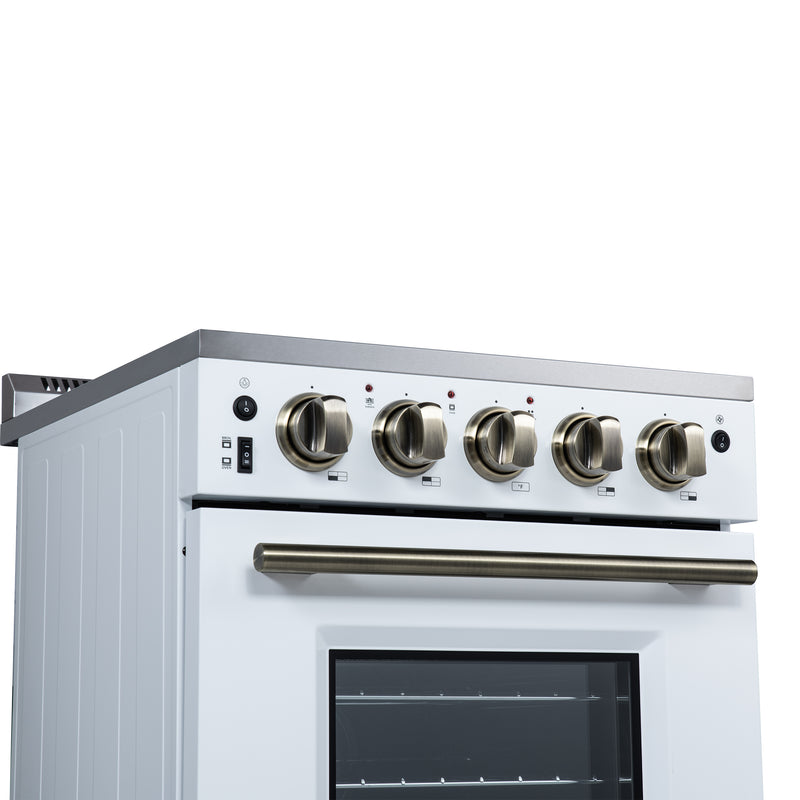 Forno Loiano 24" Freestanding Electric Range in White, with 4 Element Burners, Storage Drawer and Air Fryer Kit, with Antique Brass Handles, FFSEL6069-24WHT
