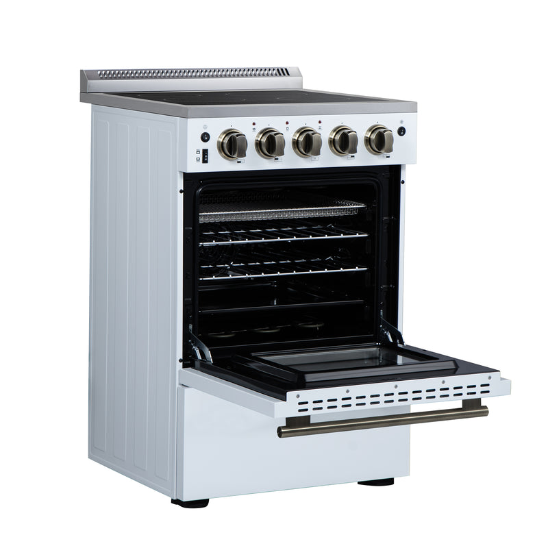 Forno Loiano 24" Freestanding Electric Range in White, with 4 Element Burners, Storage Drawer and Air Fryer Kit, with Antique Brass Handles, FFSEL6069-24WHT