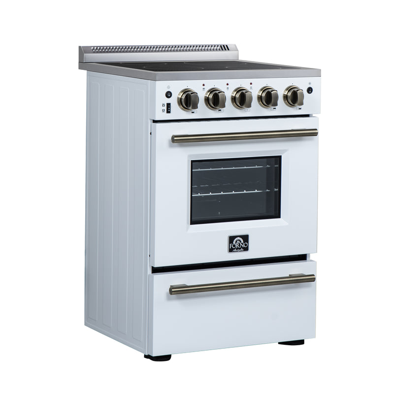 Forno Loiano 24" Freestanding Electric Range in White, with 4 Element Burners, Storage Drawer and Air Fryer Kit, with Antique Brass Handles, FFSEL6069-24WHT