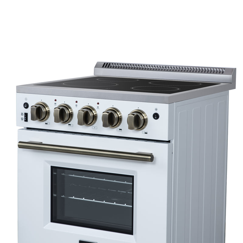 Forno Loiano 24" Freestanding Electric Range in White, with 4 Element Burners, Storage Drawer and Air Fryer Kit, with Antique Brass Handles, FFSEL6069-24WHT