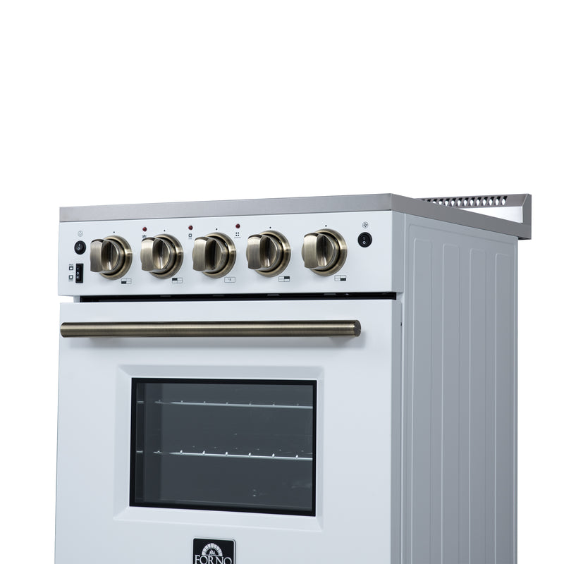 Forno Loiano 24" Freestanding Electric Range in White, with 4 Element Burners, Storage Drawer and Air Fryer Kit, with Antique Brass Handles, FFSEL6069-24WHT