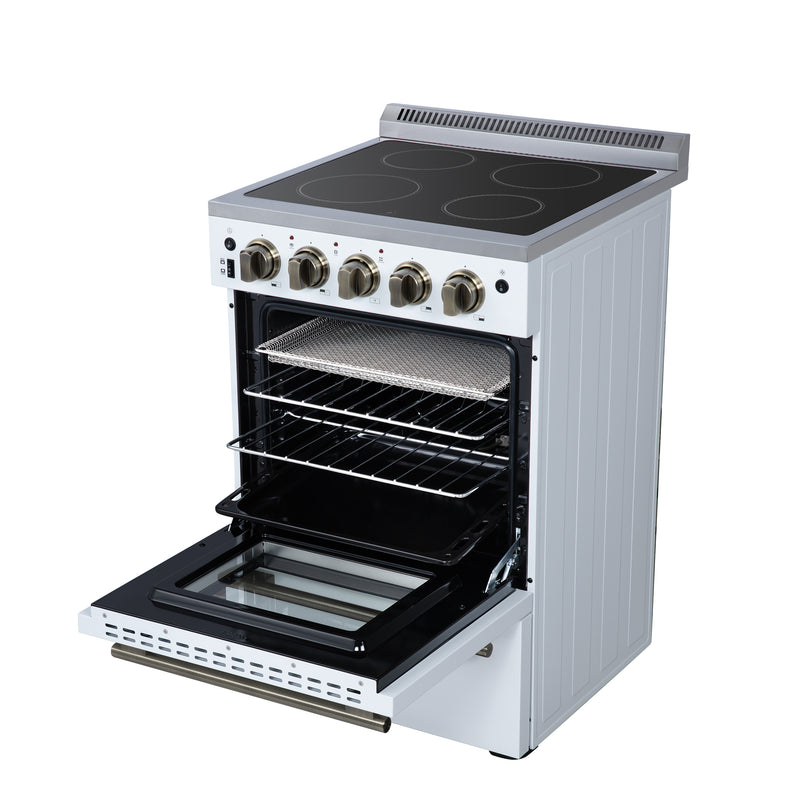 Forno Loiano 24" Freestanding Electric Range in White, with 4 Element Burners, Storage Drawer and Air Fryer Kit, with Antique Brass Handles, FFSEL6069-24WHT