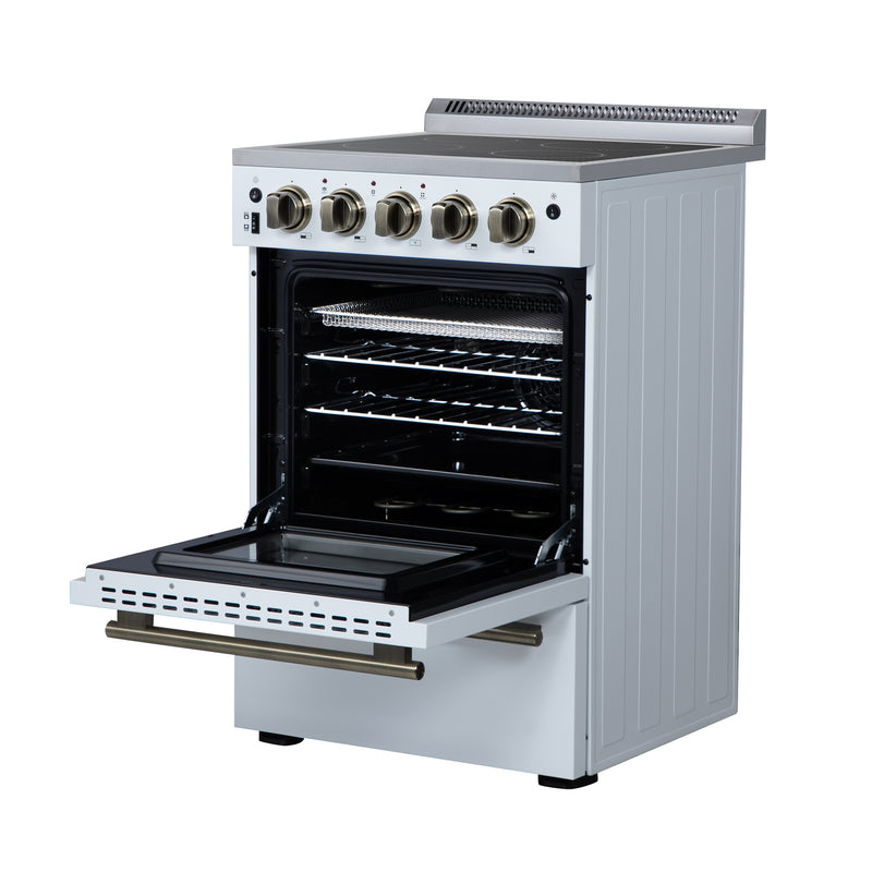 Forno Loiano 24" Freestanding Electric Range in White, with 4 Element Burners, Storage Drawer and Air Fryer Kit, with Antique Brass Handles, FFSEL6069-24WHT