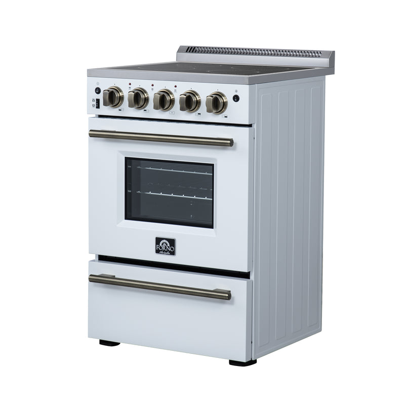 Forno Loiano 24" Freestanding Electric Range in White, with 4 Element Burners, Storage Drawer and Air Fryer Kit, with Antique Brass Handles, FFSEL6069-24WHT