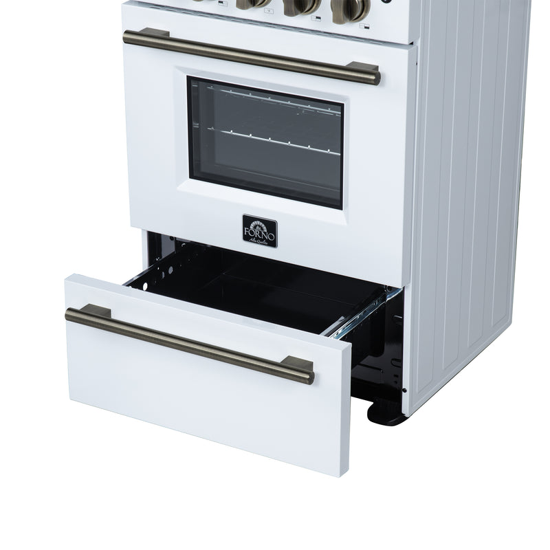 Forno Loiano 24" Freestanding Electric Range in White, with 4 Element Burners, Storage Drawer and Air Fryer Kit, with Antique Brass Handles, FFSEL6069-24WHT