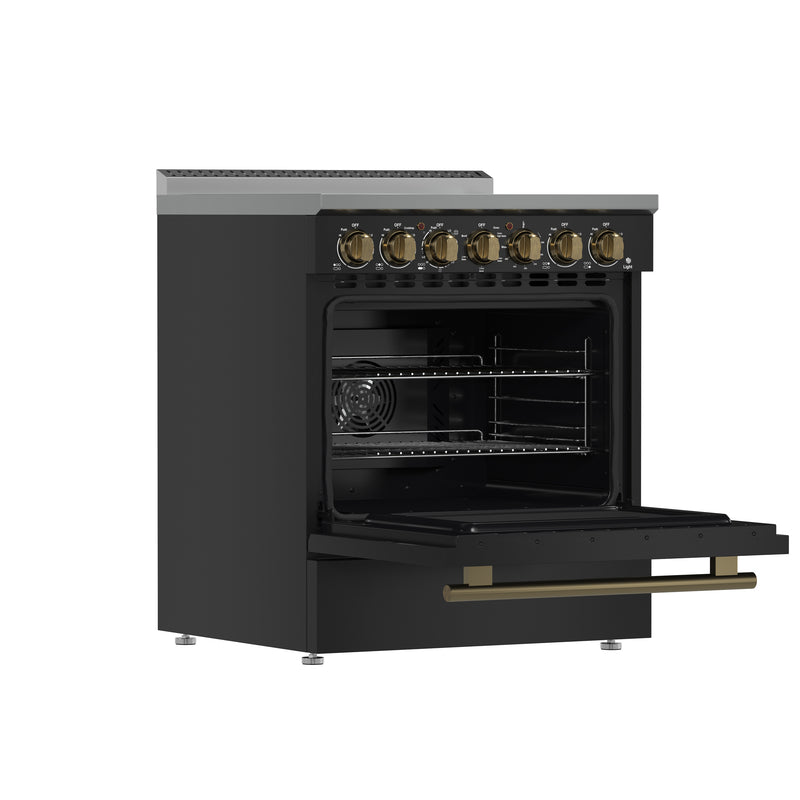 Forno Paolo 30" Freestanding Electric Range in Black, True Convection, 5 Burners, with Antique Brass Handles, FFSEL6011-30BLK
