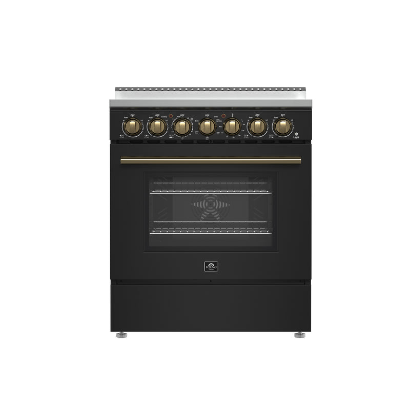 Forno Paolo 30" Freestanding Electric Range in Black, True Convection, 5 Burners, with Antique Brass Handles, FFSEL6011-30BLK