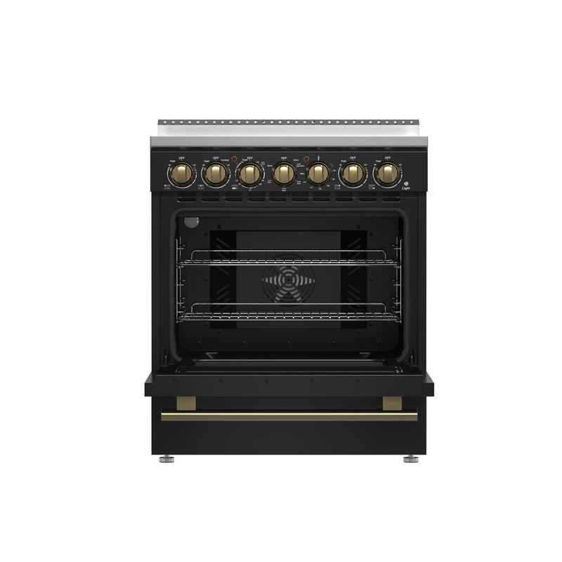 Forno Paolo 30" Freestanding Electric Range in Black, True Convection, 5 Burners, with Antique Brass Handles, FFSEL6011-30BLK