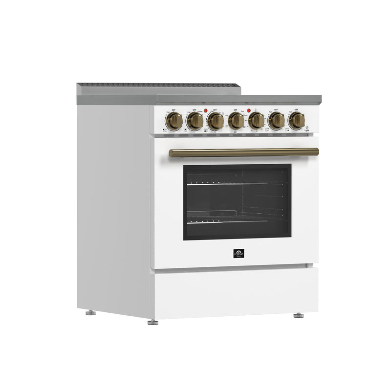 Forno Paolo 30" Freestanding Electric Range in White, True Convection, 5 Burners, with Antique Brass Handles, FFSEL6011-30WHT