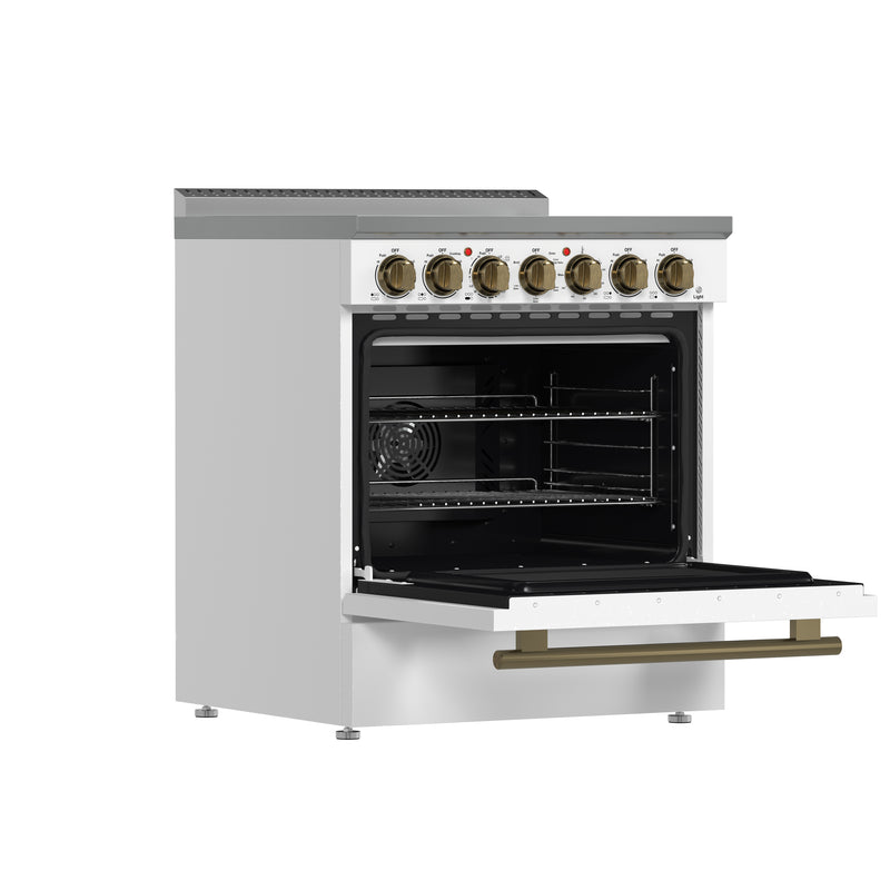 Forno Paolo 30" Freestanding Electric Range in White, True Convection, 5 Burners, with Antique Brass Handles, FFSEL6011-30WHT