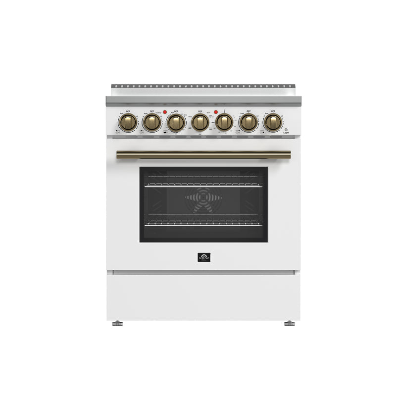 Forno Paolo 30" Freestanding Electric Range in White, True Convection, 5 Burners, with Antique Brass Handles, FFSEL6011-30WHT